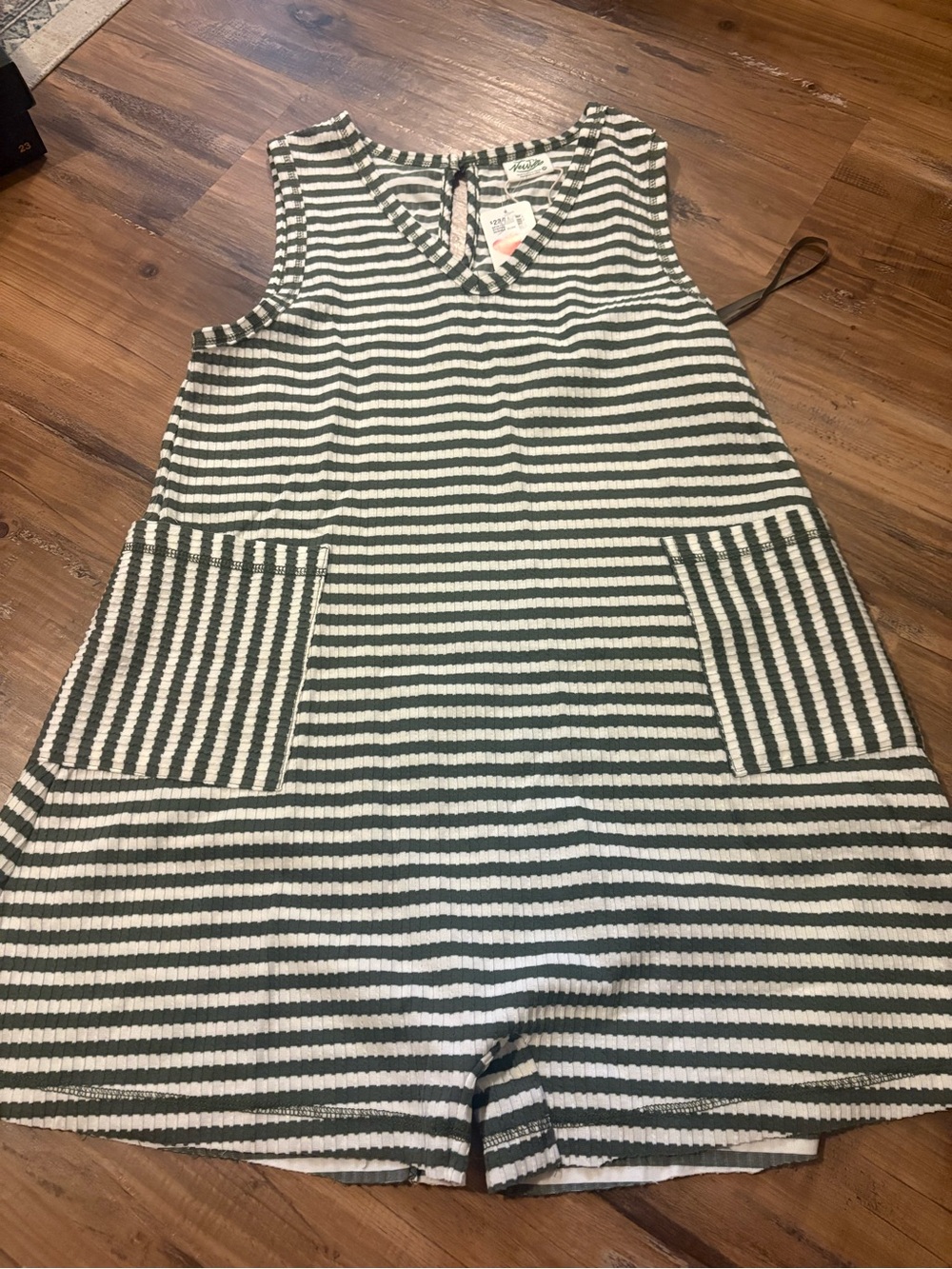 Newfie Brand Striped Sleeveless Romper in Olive & White